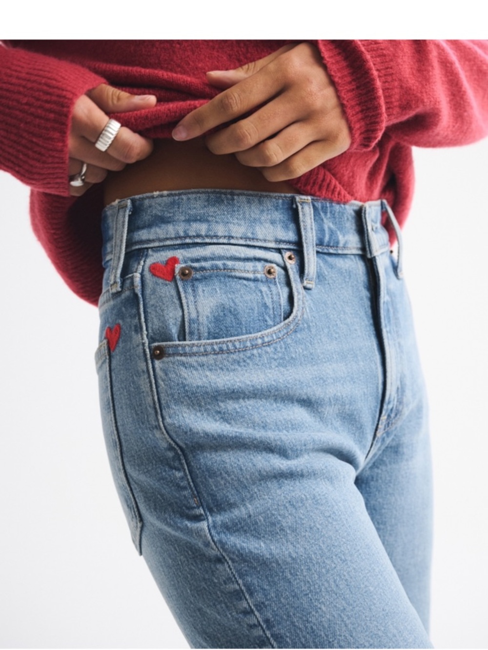 Abercrombie & Fitch Light Blue High-Rise Jeans with Red Heart Accents